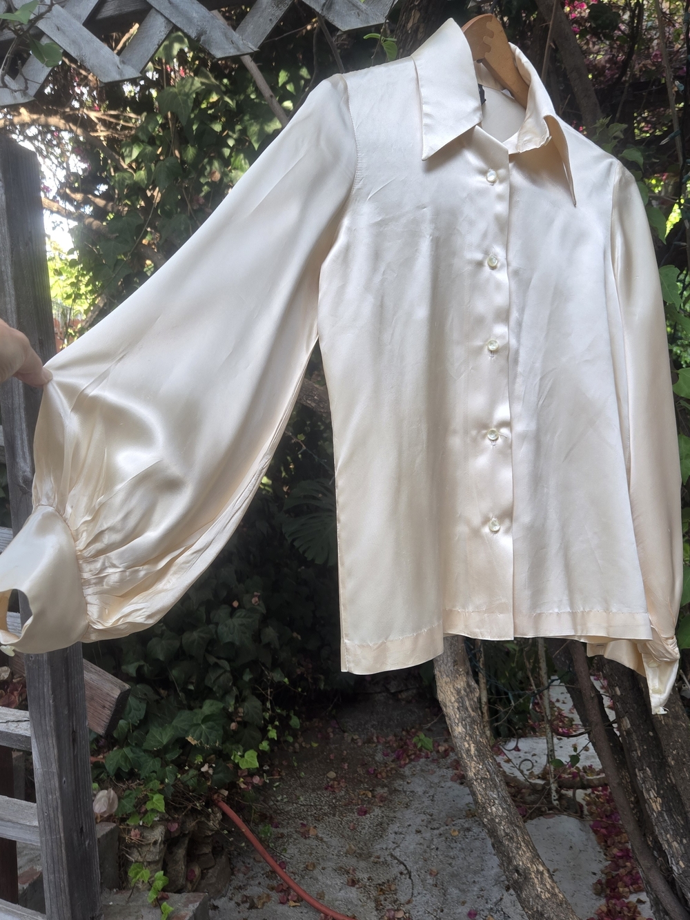 Vintage 70s Cream Satin Blouse with Bishop Sleeves Joy Stevens